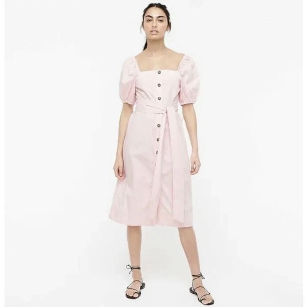 J.Crew Pink Cotton Midi Dress L Puff Sleeve Square Neck Button Front Cottagecore - Picture 2 of 16